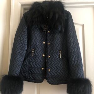 St John Black Quilted Jacket Fox Collar Cuffs Gold Hardware Leopard Lini…
